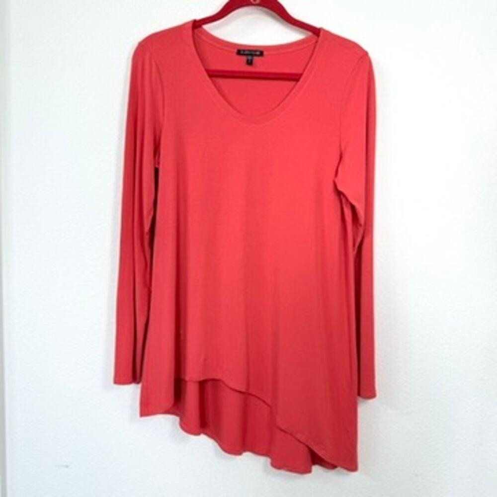 EILEEN FISHER Asymmetrical Hem Tunic Top Coral Jersey Knit Long Sleeve Women M‎
